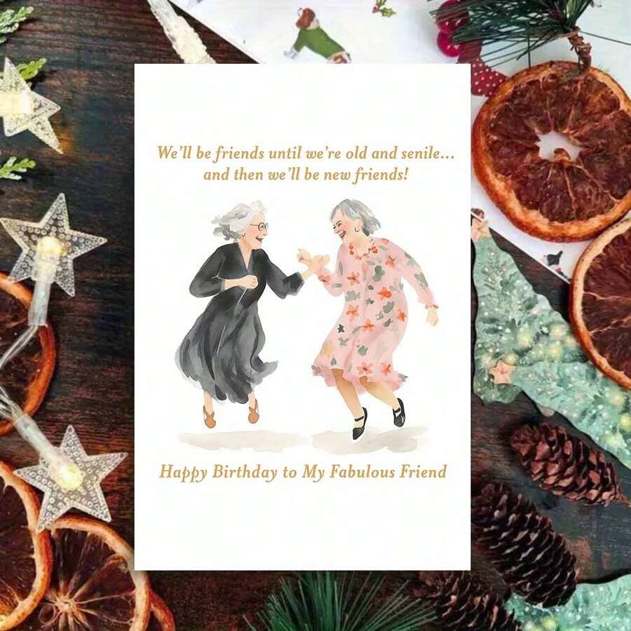 一张“祝我了不起的朋友生日快乐”贺卡，附信封，采用跳舞老人插画设计，风格温和幽默，非常适合送给成年朋友，是生日活动的理想之选，也是表达长久友谊的贺卡|送给了了不起的朋友|纸质贺卡 - 彩色 - 查看 1