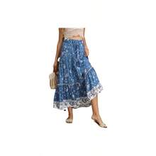 Falda bohemia plisada plisada con estampado floral y cintura elstica para mujer, Azul, XL - inicial - Ver 1