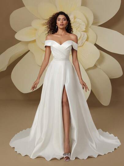 极简露肩长款婚纱，开衩设计，优雅编织面料新娘礼服