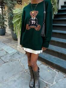 2026 Autumn/Winter New Women's Fashion Casual Vintage Cute Bear Pattern Knit Valentine's Day Date Night Pullover Sweater, Graphic Sweater Women Animal Print Basic Tops Going Out Tops Fall Women Clothes, Korean Style, Modest Women, Party Women, Y2K Women, Tops For Going Out, Concert Women, Date Night Women, Casual, New Year, Women's Winter Clothes, Saudi National Day, Chic, Country