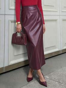 优雅法式紫色开衩美人鱼下摆 PU 束腰紧身女裙 - 紫色 - 查看 2