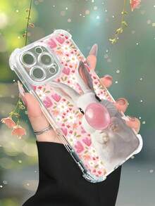 1 pieza Funda transparente con diseño de conejo blanco soplando burbuja rosa sobre fondo floral estilo dulce y primaveral ideal para regalo en San Valentín o celebraciones especiales protección contra caídas carcasa transparente ligera y resistente, compatible con iPhone 17/16/15/14/13/12/11/XS/XR/X/PLUS/PRO/PROMAX, compatible con Galaxy A34/A35/A54/A55, Galaxy S20/S21/S22/S23/S24 Ultra/Plus, compatible con Moto/Galaxy/Redmi/Honor/OPPO, regalo ideal para fiestas - transparente - Ver 8