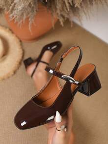 Women's Simple Buckle Accent Chunky Heel Office/School Casual Pumps - Brown - View 1