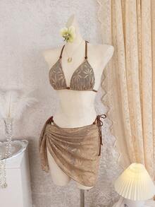 Novo conjunto de Maiô Bikini triângulo sexy com folha de tela e alça de pescoço com contas, roupa de banho de resort de praia com saia envolvente - Castanho - Visão 4