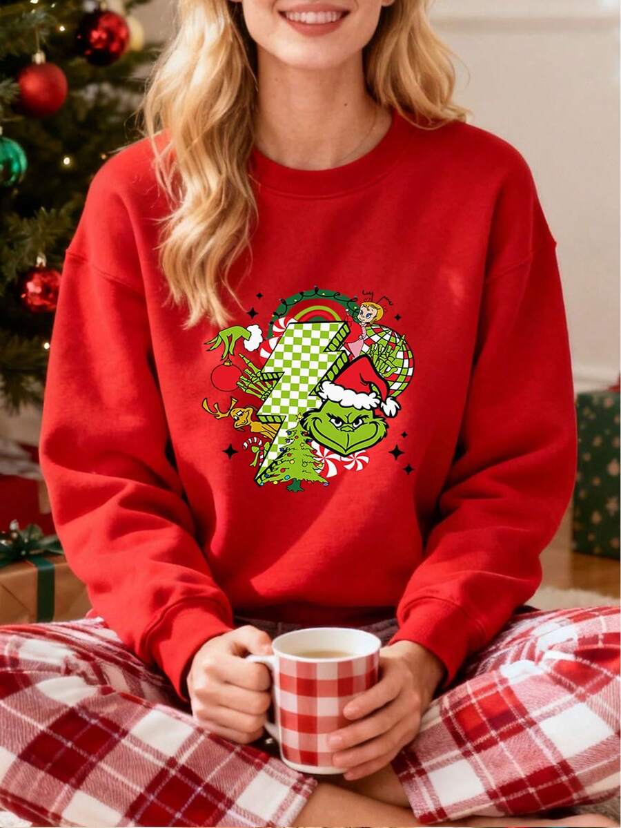 Sudadera para Mujer con Estampado del , Árbol de Navidad y Rayo, Manga Larga, Ideal para Fiestas de Navidad, Regalo para Amantes de la Navidad, Confortable y Stylish, Perfecta para Uso Cotidiano y Eventos Festivos - Rojo - Ver 1