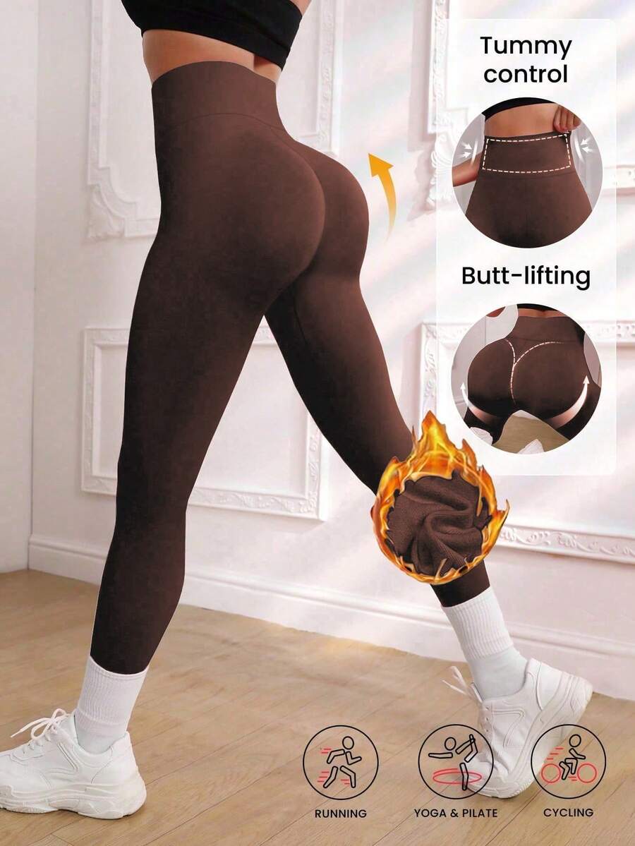 1 PC High-Waist Yoga Pants With Elastic Waistband And Buttocks-Lifting And Abdomen-Slimming Effect, Suitable For Autumn. Ideal For Gym Wear, Yoga And Running,Women's High Stretch Thermal Gym Leggings Thermal Lined Tummy Control Butt Lifting Activewear For Cold Weather Workouts,Ski Wear Women