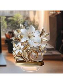 2D Acrylic Floral Desktop Decor, Blooming Lily Design With Golden Leaves And Stamens | Suitable For Living Room And Office | Bohemian Style | Ideal Gift For Holidays And Birthdays - Multicolor - View 3