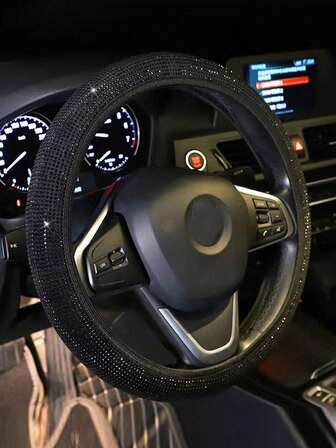 1 pieza Funda elástica universal para volante de coche con diamantes de imitación negros, sin anillo interior