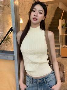 白色无袖针织背心，时尚法式设计，修身剪裁，适合春夏穿着 - 杏色 - 查看 2