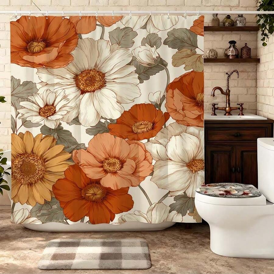 1pc Hibiscus Flower Pattern Shower Curtain, With Hooks, Made Of Polyester, Vibrant Floral Print, Creates A Fresh And Elegant Bathroom Decor