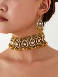 Vintage Exotic Bohemian Palace Style Rhinestone Tassel Pendant Earrings Set, Luxurious Fashion High-End Bridal Wedding Party Necklace Earrings 3-Piece Set - Ancient Gold 8-piece Water Drop Set - View 7