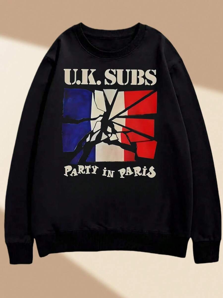 UK Subs Paris Party Official Sweatshirt | Unisex Sweatshirt, Black With Blue, White, And Red Graphic Design, Casual Round Neck Short Sleeve Shirt, Machine Washable, Casual Wear Sweatshirt, Punk Rock Fashion, Plus Size - Black - View 1