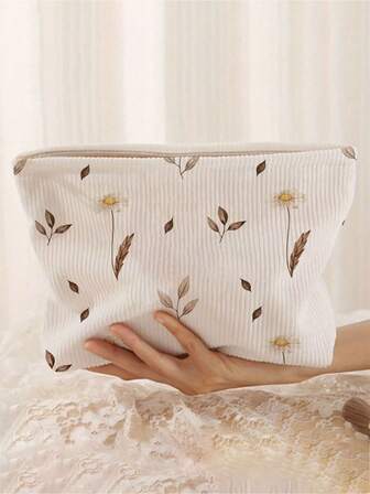 데이지 프린트 코듀로이 메이크업 가방 - 여행 및 세면 용품용 경량 지퍼식 화장품 파우치, 다기능 세면 도구 정리함, 유니섹스-성인, 비방수 메이크업 정리함 메이크업 보관 가방 미니 파우치 여행용 소형 메이크업 케이스 액세서리 메이크업 홀더 브러쉬 가방, 통근, 학교 및 쇼핑에 적합, 야외 사용에 편리, 친구 및 베스티를 위한 선물