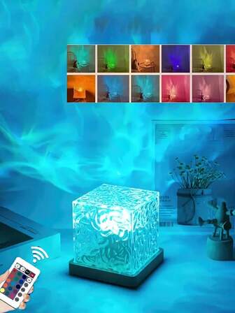 1pc Cylinder Night Light With Water Wave Pattern, 16-Color Flame Atmosphere Lamp With Remote Control, Rotating Water Ripple Design RGB Remote Control Bedside Night Light, Suitable For Children's Room, Couple's Bedroom, Christmas Gift