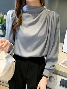 女士立领褶皱泡泡袖长袖休闲衬衫，适合春秋季 - 藍色 - 查看 3