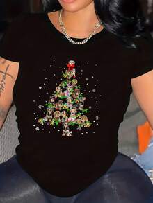 Women's 100% Cotton T-Shirt with Christmas Tree Dog Print, Colorful Lights & Bows, Short Sleeve Round Neck for Daily Wear, Machine Washable. - Negro - Ver 1