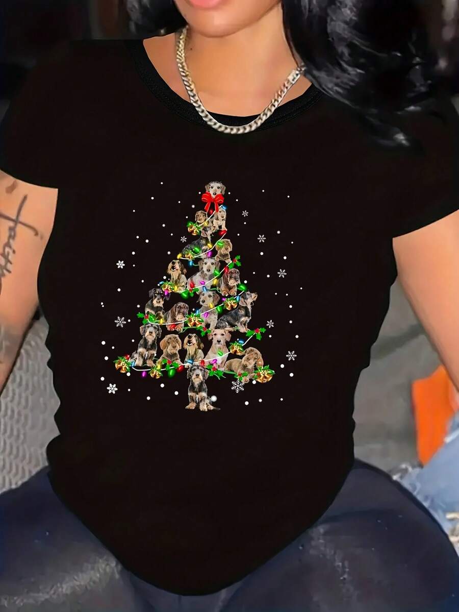 Women's 100% Cotton T-Shirt with Christmas Tree Dog Print, Colorful Lights & Bows, Short Sleeve Round Neck for Daily Wear, Machine Washable. - Negro - Ver 1