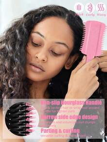 2/1pc Curling Hair Brush, Easy Styling For Defined Curls And Waves, Effective Edge Design, Medium Width Side Edges Effectively Separate And Style Curly Hair, Suitable For Dry And Wet Hair, For Men And Women, Reduces Frizz, Easy Styling At Home Or Travel (Pink, Purple, Green) - Multicolor - View 4