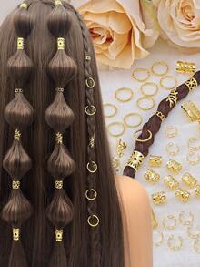 50pcs DIY Heart-Shaped Hair Ring Accessories Metal Cutout Adjustable Fashion Simple Dreadlocks Beads Summer Suitable For Women Dating Valentines, Claw Clips, Hair Slide, Hair Barrettes - Gold - View 1