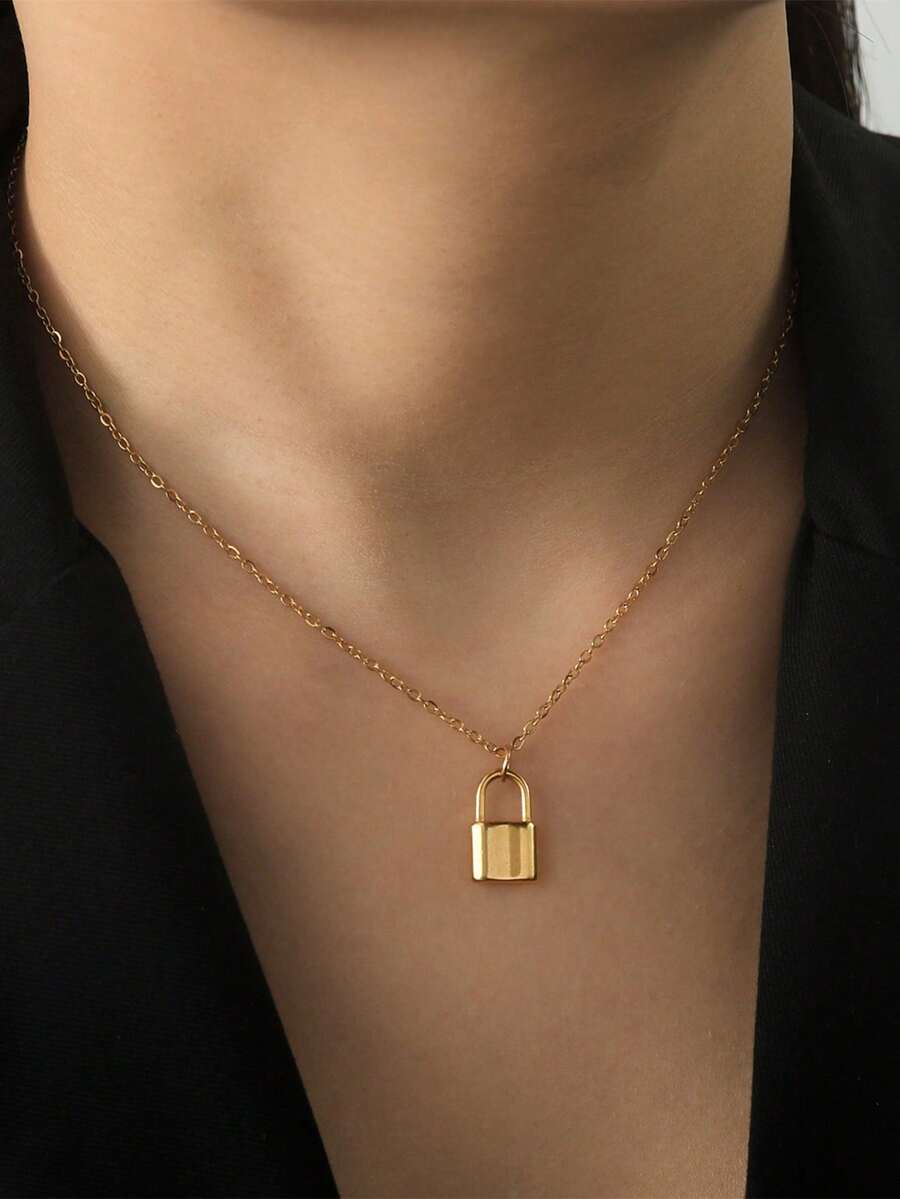 1 Peça Colar Pingente de Chave e Cadeado Dourado Liso, À Prova d'Água e Resistente à Desbotamento, em Aço Inoxidável, Adequado para Uso Diário de Mulheres - Corrente com cadeado de ouro - Visão 1