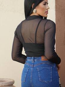 Simulated Collar Long-Sleeved Tulle Blouse Transparent Mesh No Bra Casual Fashion  /2026 - 黑色 - 查看 2