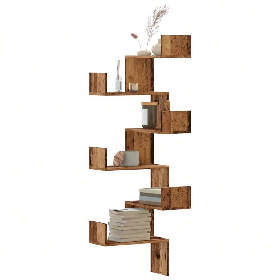 Étagère d'angle vidaXL en bois ancien 45x45x147cm, bois d'ingénierie - Multicolore - Voir 1