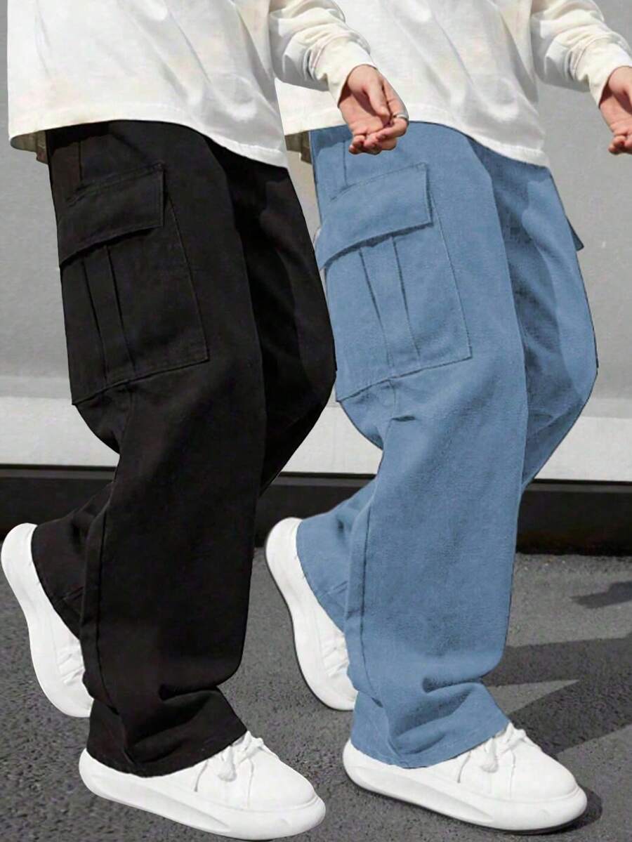 2件裝青少年男孩休閒運動戶外大口袋工裝褲,春秋款,輕量風格,輕量聚酯纖維面料 - 藍色 - 查看 1