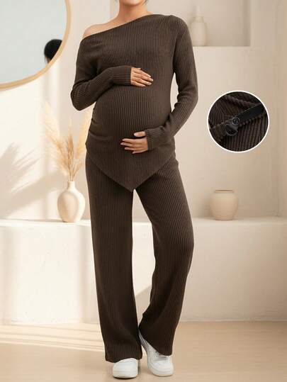Maternity Solid Color Asymmetric Hem Long Sleeve T-Shirt And Adjustable Waist Casual Pants Set