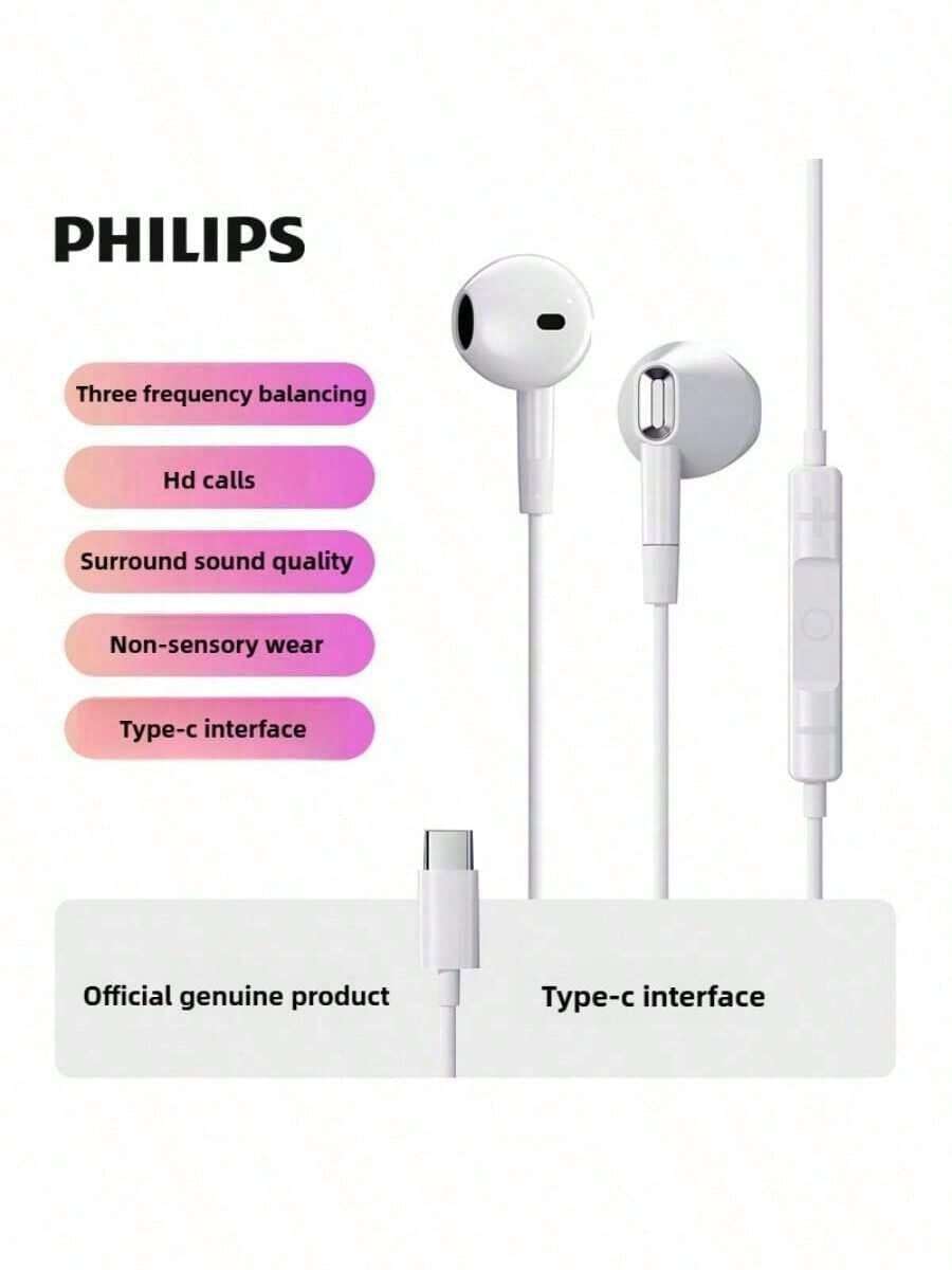 Philips TAE1020 Type C Wired Semi In Ear Earbuds Noise Isolating Mic Built In HD Sound Quality Flexible Cable Easy Control Perfect For Smartphones Tablets