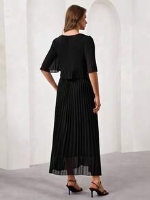 SHEIN Clasi 女士纯色圆领短袖褶皱宽松优雅连衣裙 - 黑色 - 查看 5