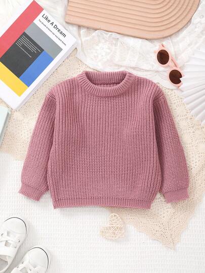 Unisex Baby Classic Solid Color Crew Neck Knit Sweater Top, Crew Neck Design, Solid Color Design, Solid Color More Suitable For Handmade Embroidery By Moms, Add Some Elements Moms Like, Suitable For Casual Wear Or Layering