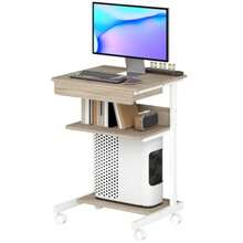 HOMCOM Rolling Desk With Drawer And Shelves, 4 Casters, Compact, Particleboard, Metal - Khaki - View 1