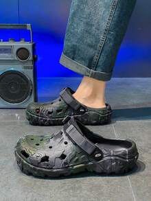 Men's Casual Camouflage Print Slip-On Sandals, Thick EVA Soft Sole Breathable Non-Slip Slouchy Dual-Wear Outdoor Beach Commute Versatile Military Green/Black/Gray Summer Slippers - Black - View 9