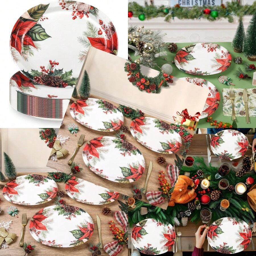 50 platos de papel de Navidad platos ovalados de flores de pascua de Navidad resistentes platos de fiesta de Navidad bandeja desechable para servir para fiestas de Navidad 10 x 12 pulgadas - PlatosovaladosdefloresdePascuadeNavidad - Ver 1