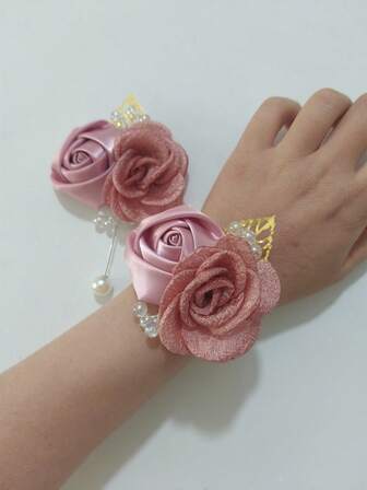 1pc Chest Flower + 1pc Wrist Flower, Watermelon Red Rose Matching Watermelon Camellia Beads Leaves Decor Corsage, Suitable For Bride, Bridesmaid, Party, Wedding, Prom, Daily Wear Floral Accessory