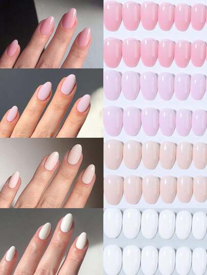 96pcs/Box (4 Boxes Assorted) Short Oval Brown, White & Red 3-Color Nail Stickers, Full Coverage Acrylic Nail Stickers, Includes 1 Gel Nail Polish And 1 Nail File, With Storage Box, Suitable For Women And Girls For Daily And Party Use Nails Nail Supplies