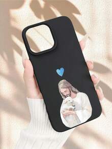Carcasa TPU para iPhone 11 12 13 14 15 16, Diseño Religioso con Jesús y Cordero, Estilo Artístico Acuarela, Regalo para Cristianos, Protectora Suave para Uso Diario - Negro - Ver 1