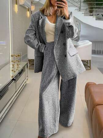 两件套女士高端灰色休闲套装，优雅双排扣办公/通勤装，适合所有季节