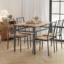 Juego de mesa de comedor industrial de 5 piezas para 4 personas, con estructura de metal resistente y mesa y sillas de madera, muebles de cocina compactos para apartamentos, restaurantes y comedores. - Marrón - Ver 4