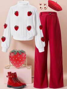 Conjunto de 2 piezas de top tejido con textura 3D de fresa dulce y encantadora y pantalones de pana roja para niñas jóvenes, perfecto para el campus diario, actividades al aire libre y fiestas en primavera, otoño e invierno - Blanco - Ver 2