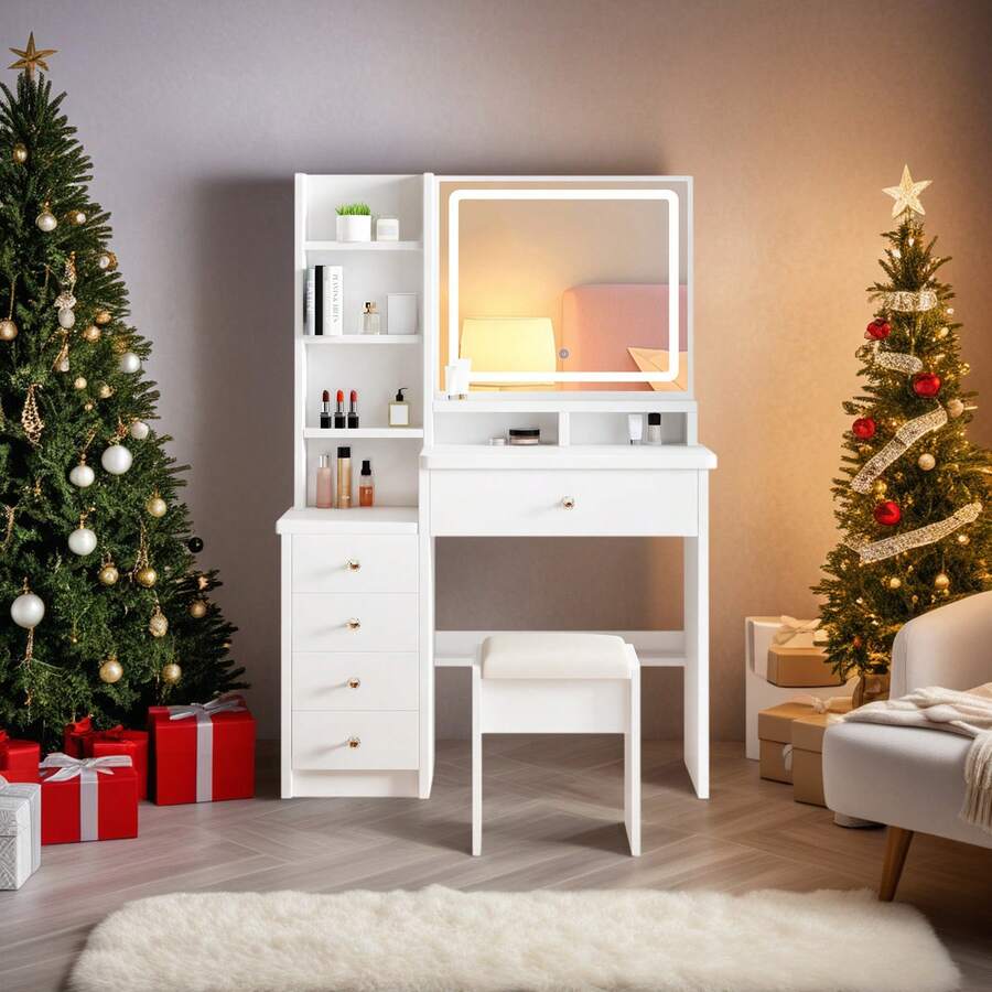 Makeup Vanity, Vanity Desk With Mirror And Lights, Makeup Vanity Set 5 Drawers, Stool And Open Shelves,Vanity Mirror 3 Color Lighting Modes Adjustable, White - Xem 1