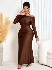 BIUBIU Autumn & Winter Plus Size Women's Asymmetric Shoulder Long-Sleeve Mermaid Maxi Dress, Sexy Party Casual Vacation Style Brown Shiny Fabric One-Shoulder Gathered Off-Shoulder Collar Front Slit Ruffle Knit Long Skirt, Christmas Outfit Women/Party Dress/New Year Women's Outfit