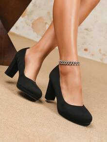 8.7厘米厚底圆头高跟鞋，厚底套脚式正装鞋，哑光黑色绒面革女士正式鞋，适合工作和通勤穿着。 - 黑色 - 查看 1