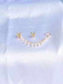 1 Pair Minimalist Asymmetrical Faux Pearl Chain Tassel Butterfly Micro-Crystal Earrings & Ear Clips Set, Suitable For Dates, Parties, Christmas Gifts - 耳環 - 查看 3