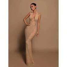 A&A Luxe Halter Deep V Neck Sequins Maxi Dress - Rượu sâm banh - Xem 7