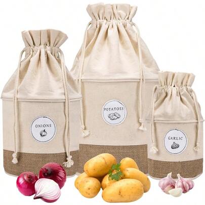 MERAKI HOME Potato Onion Garlic Storage Containers - Farmhouse Kitchen Storage Organization Pots -  Jute Cotton Vegetable Baskets Bins - Drawstring Holder