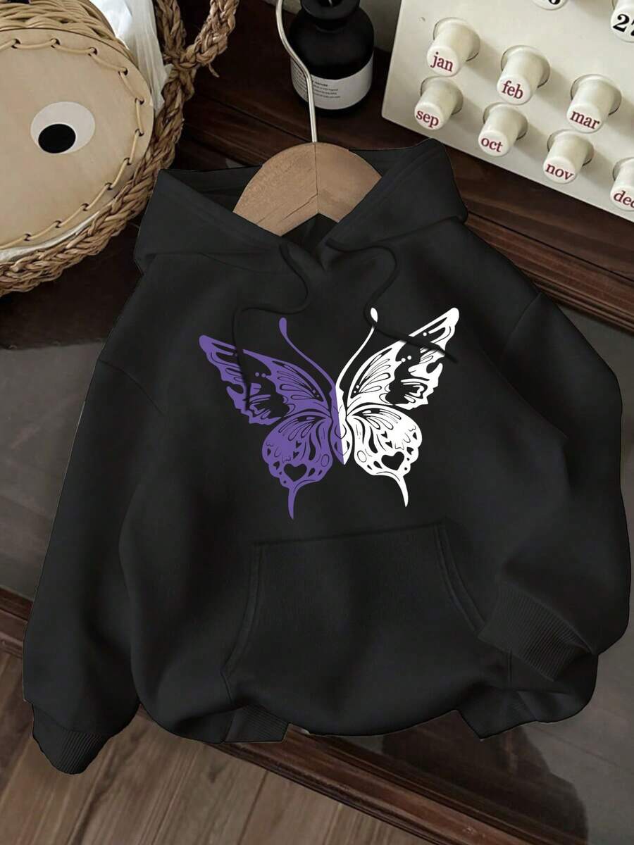 Sudadera Casual para Mujer con Estampado de Mariposas - Jersey Negro con Diseño de Mariposas Blancas y Moradas, Capucha con Cordón, Corte Holgado, Mangas Largas, Moda Otoño/Invierno, Sudadera Casual |   Sudadera con Estampado de Mariposas |   Sudadera con Cordón - Negro - Ver 1