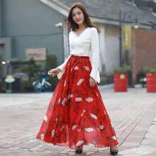 Falda bohemia floral de cintura alta para mujer, Rojo -, XL - inicial - Ver 6