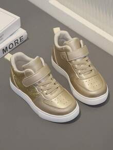 Girls' Mid-Top Casual Sports Shoes, Fashionable Solid Gold Glitter Sequin Small White Sneakers, Outdoor Street Walking Running Shoes, Comfortable Lightweight Breathable Student Versatile Soft Bottom Flat Shoes