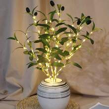 1pc Artificial Olive Tree Branch With LED Lights - Battery-Powered Modern Home Decor Lamp, Green Foliage & Realistic Branches For Wedding, Birthday, Party, Office, Bedroom, Hotel - Ideal For Cabinet, Dining Table, Cafe, Holiday, Spring Restaurant De